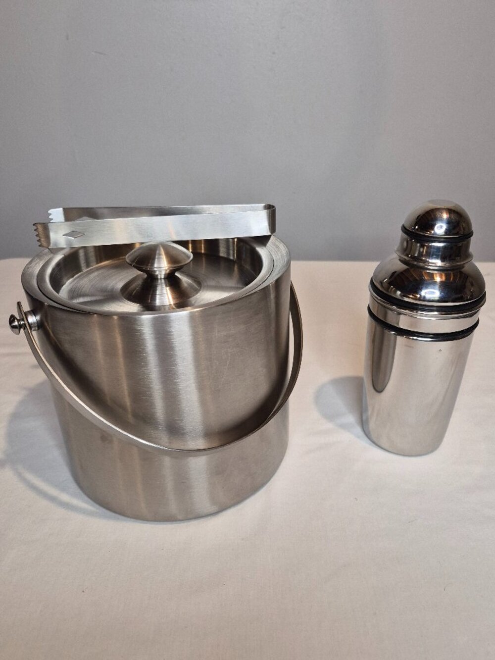 DBL Walled Stainless Steel Ice Bucket w/Tongs and Mix Drink Shaker w/Strainer